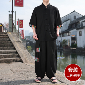 民族风H盘扣亚麻衬衫民族风棉麻阔腿裤套装男TZ163-P163控188图片