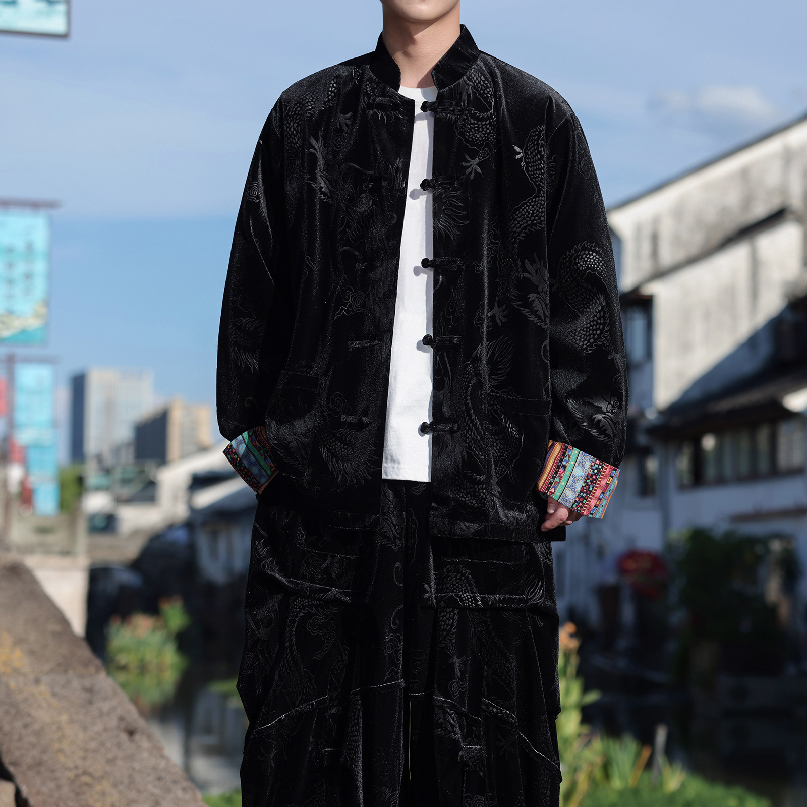 新中式Q拼色民族风盘扣金丝绒龙纹衬衫夹克外套男JK26-P75控88，男装衬衫，电商A005