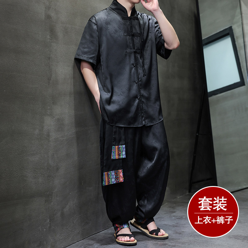 风C树叶暗纹提花冰丝短袖衬衫男飞鼠裤套装男TZ171-P136控158图片