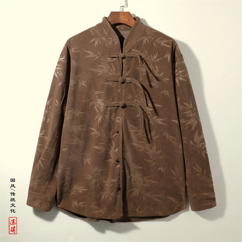 新中式E盘扣小众设计树叶暗花灯芯绒衬衫夹克外套男CS15-P68控88图片