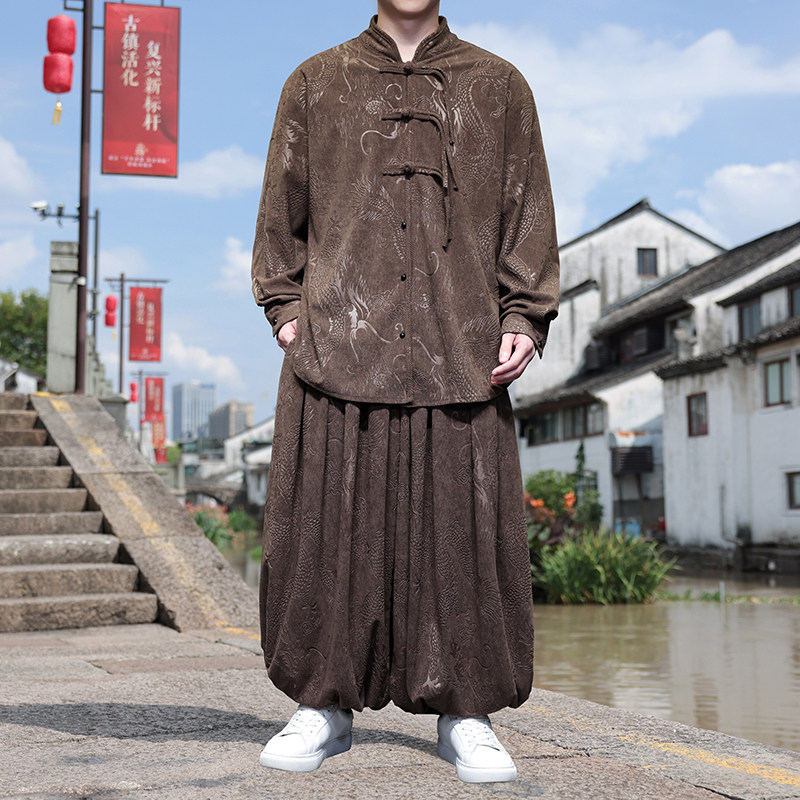 风V盘扣龙纹暗花灯芯绒衬衫夹克阔腿裤套装男TZ122-P136控158,男装T恤,电商A005