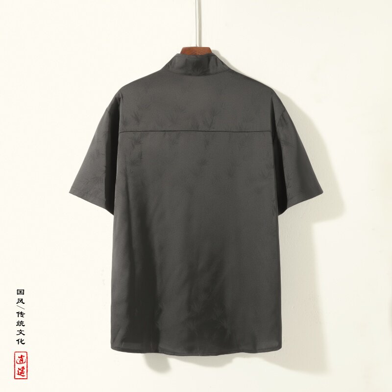 新中式A风盘扣小众树叶暗纹提花冰丝短袖衬衫男CS72-P68控88,男装衬衫,电商A005