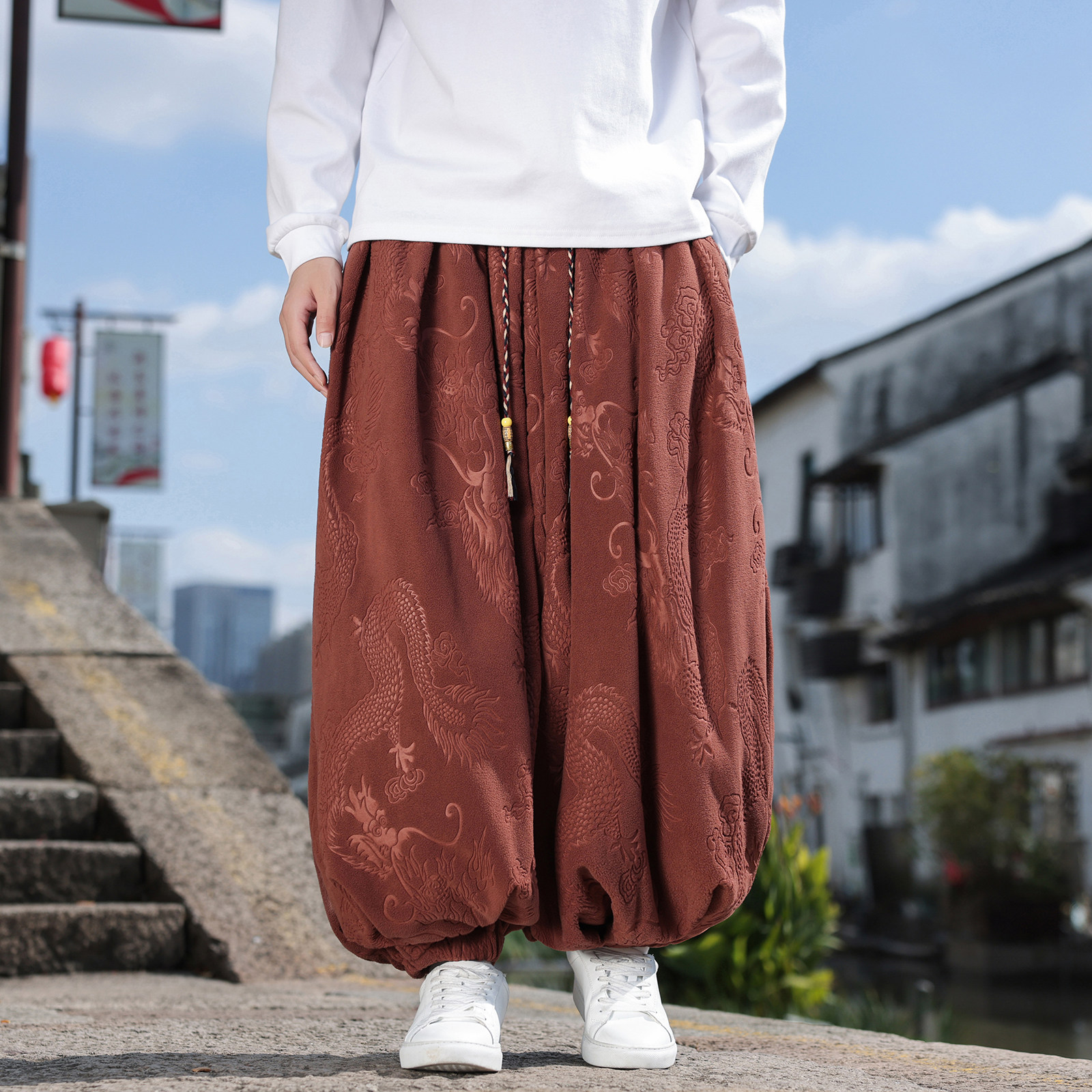 风G龙纹暗纹新中式保暖奥利绒羊羔绒阔腿束脚裤K262-P68控98图片