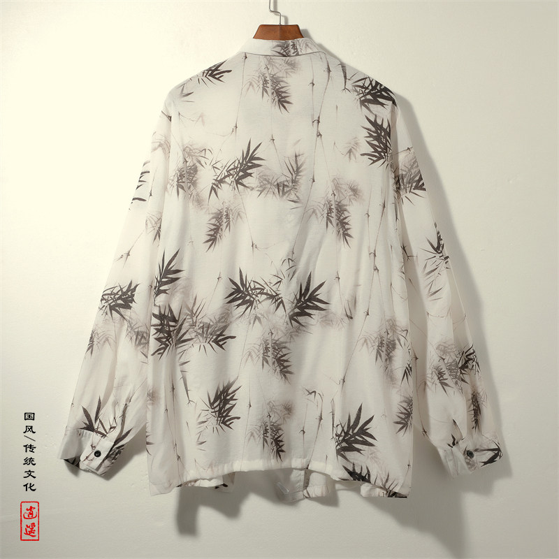 新中式风A冰丝水墨竹子树叶盘扣小众设计衬衫t恤男CS19-P68控88,男装衬衫,电商A005