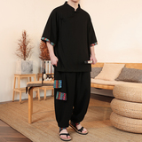 民族风G斜襟盘扣亚麻拼色中袖衬衫阔腿裤套装男TZ157-P143控168，男装衬衫，电商A005