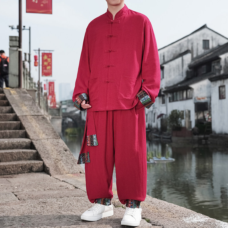 风D盘扣亚麻棉麻衬衫夹克外套大裤裆套装男TZ136-P150控178,男装夹克,电商A005