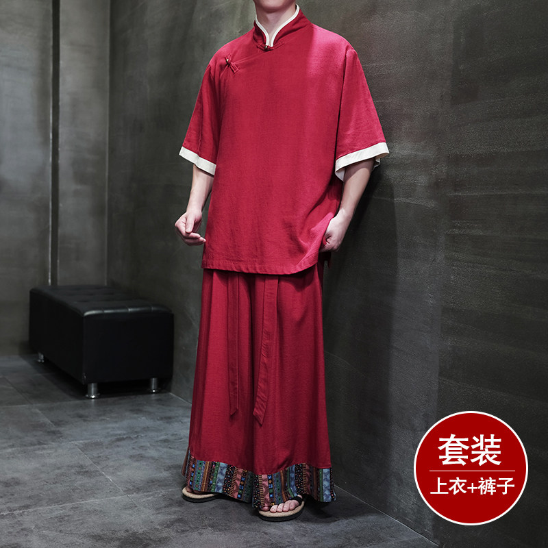 斜襟盘扣E亚麻中袖衬衫民族风复古裙裤阔腿裤套装TZ165-P176控198,男装衬衫,电商A005