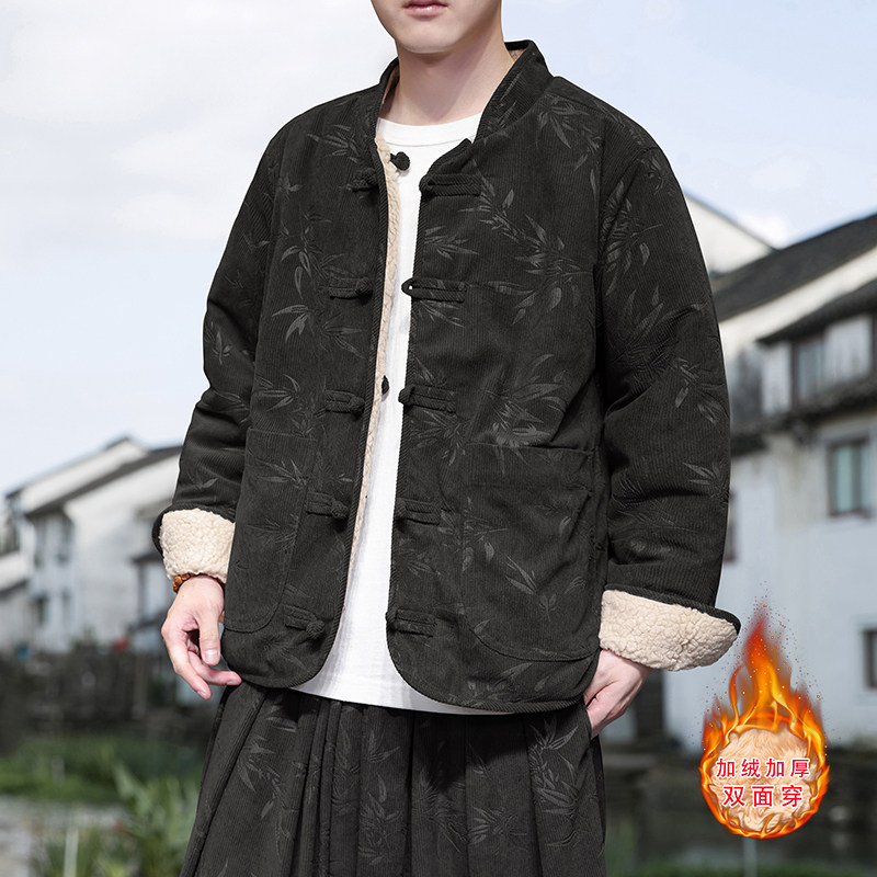 新中式H树叶灯芯绒羊羔毛加绒加厚双面穿棉服夹克JK15-P135控158,男装夹克,电商A005