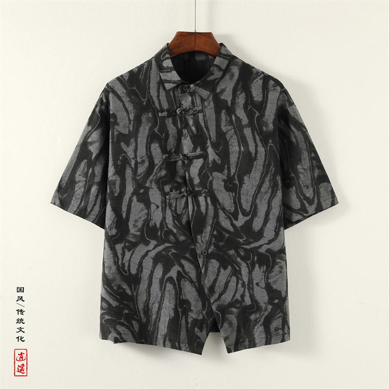 新中式F风盘扣小众设计扎染链条泼墨暗纹衬衫男CS38-P65控88图片