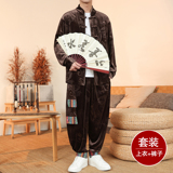 新中式K盘扣龙纹暗花金丝绒夹克舞蹈阔腿裤套装男TZ180-P136控158，男装休闲套装，电商A005