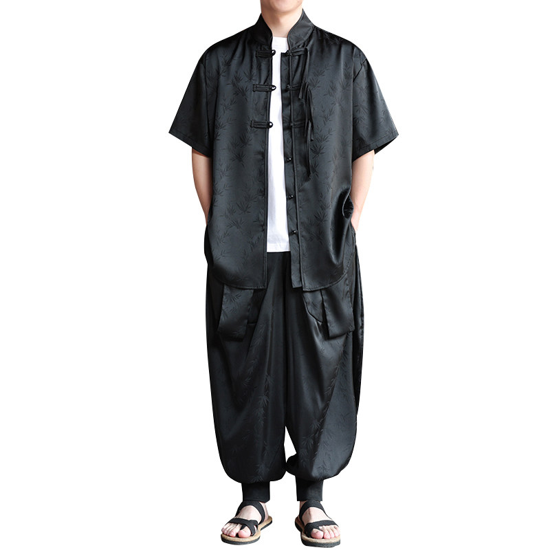 风F树叶暗纹提花冰丝衬衫男嘻哈飞鼠裤套装男TZ156-P136控158,男装衬衫,电商A005