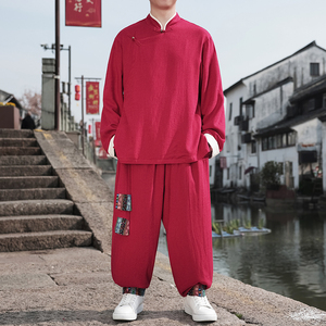 风B斜襟盘扣亚麻棉麻衬衫夹克大裤裆裤套装男TZ151-P173控198图片