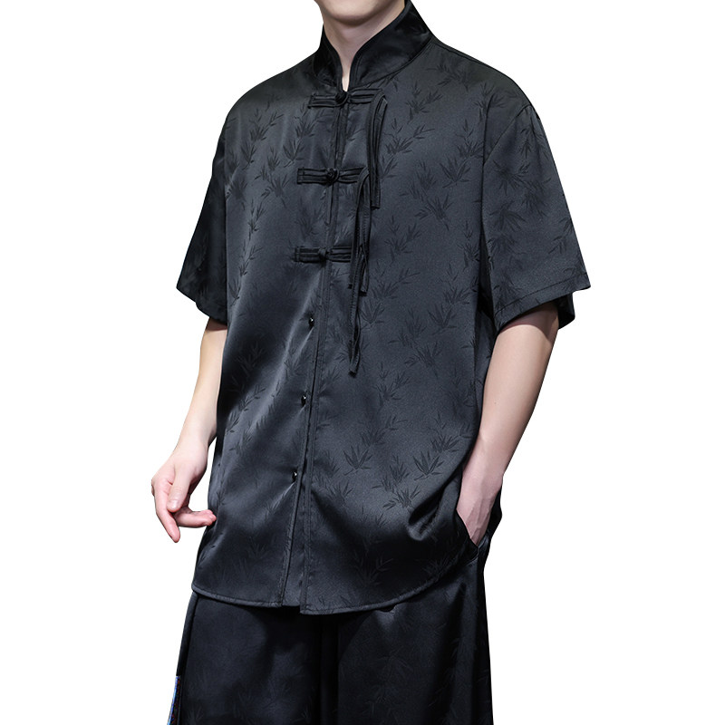 新中式C风盘扣小众树叶暗纹提花冰丝短袖衬衫男CS72-P68控88,男装衬衫,电商A005