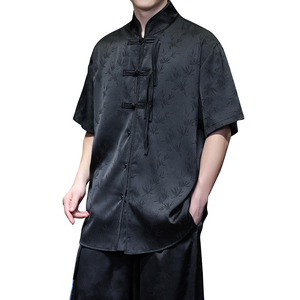 新中式C风盘扣小众树叶暗纹提花冰丝短袖衬衫男CS72-P68控88图片
