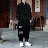 新中式M盘扣龙纹暗花金丝绒夹克舞蹈阔腿裤套装男TZ180-P136控158，男装休闲套装，电商A005