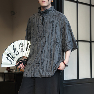 风F新中式风高领盘扣破洞镂空乞丐装冰丝t恤T35-P68控88，男装T恤，电商A005