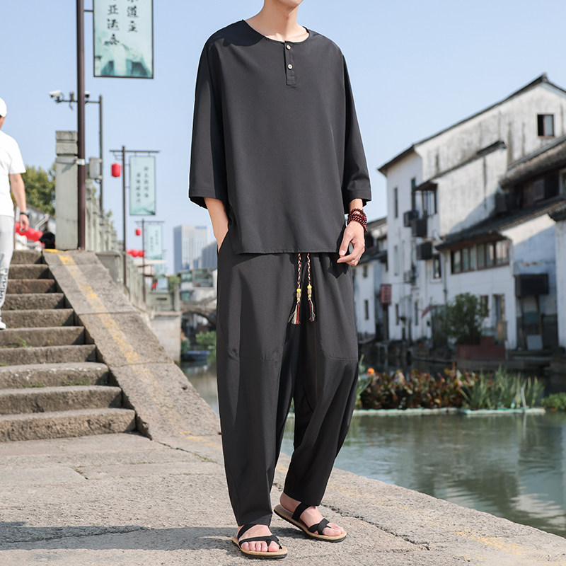 风B纽扣冰丝风古风t恤男T廓形哈伦裤男TZ63-P110控138图片