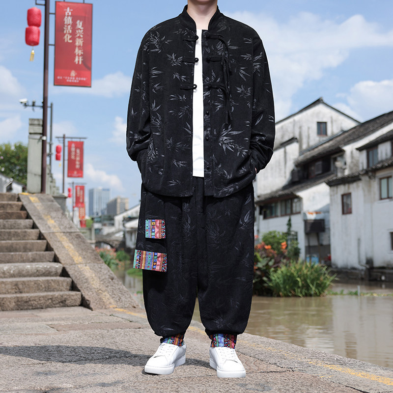 树叶暗花T灯芯绒衬衫夹克民族舞蹈束脚裤套装男TZ120-P136控158,男装T恤,电商A005