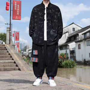 树叶暗花S灯芯绒衬衫夹克民族舞蹈束脚裤套装男TZ120-P136控158