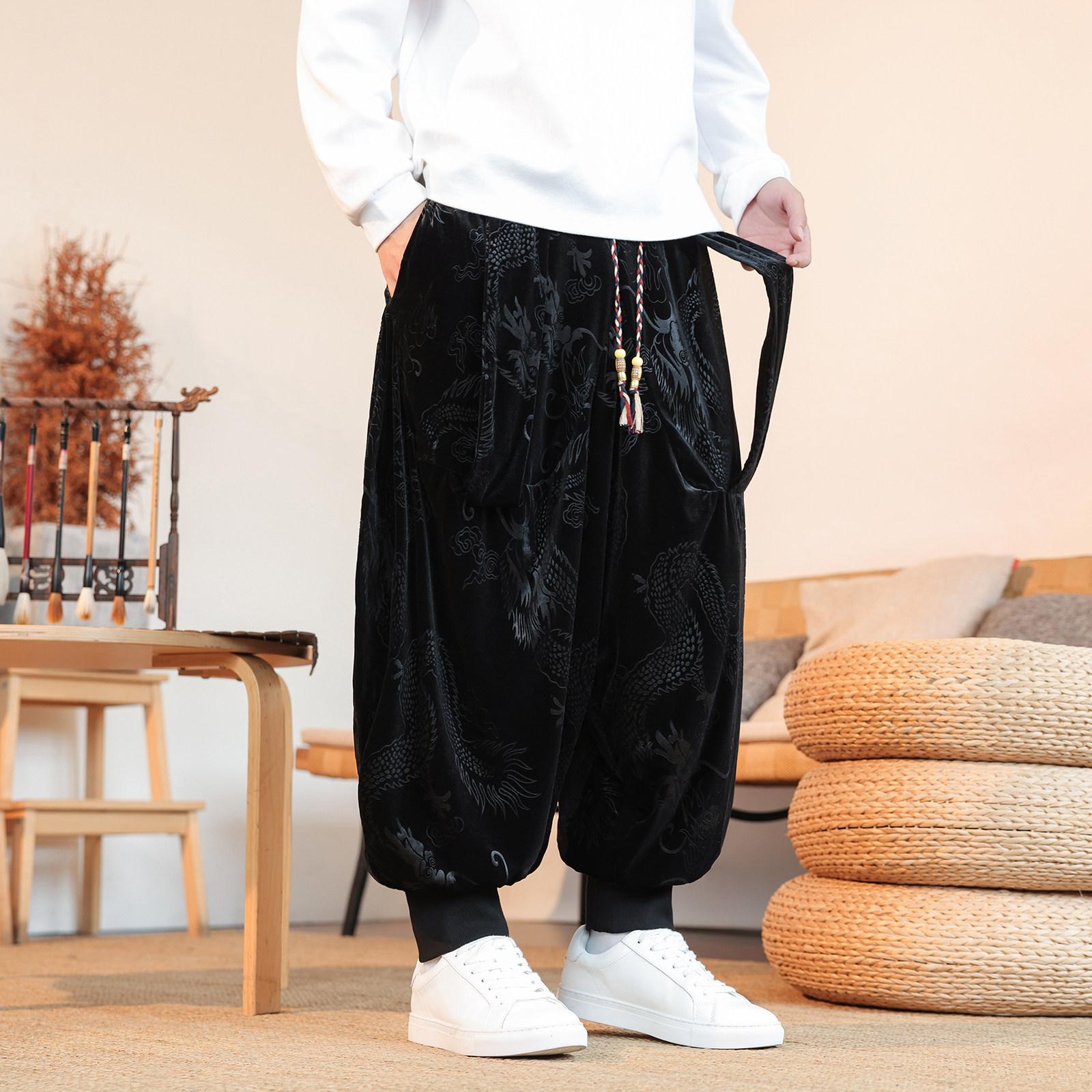 风C小众设计金丝绒龙纹九分裤哈伦裤飞鼠裤K259-P68控88,男装休闲裤,电商A005