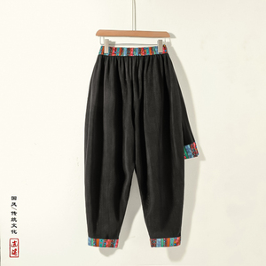 风O复古中式麦穗纹灯芯绒民族风拼色舞蹈阔腿裤K202-P75控88图片