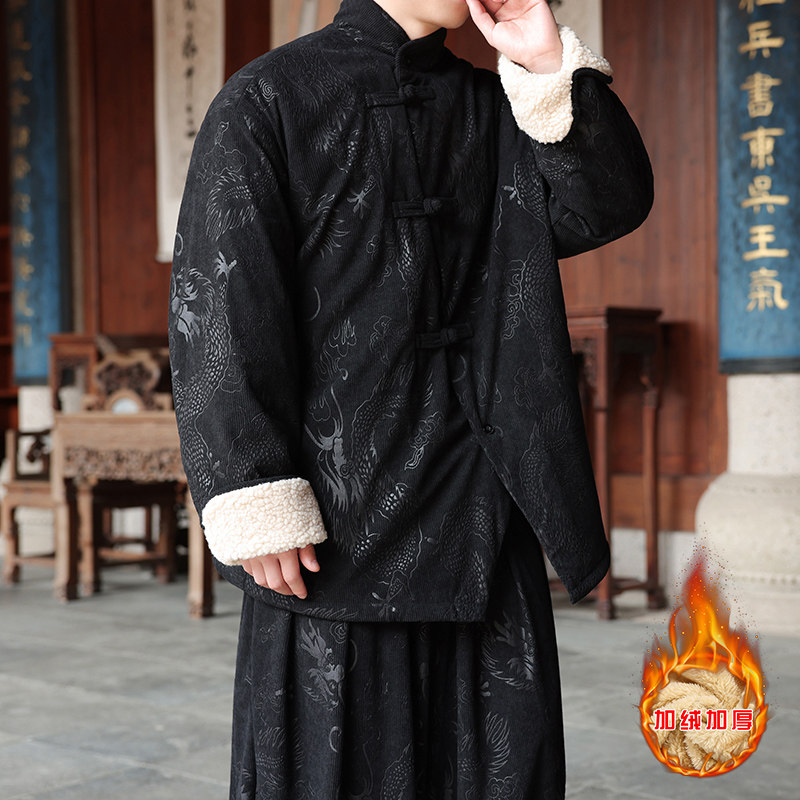 新中式O斜领盘扣龙纹暗花灯芯绒羊羔毛夹克棉衣服JK19-P135控158,男装夹克,电商A005
