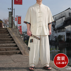 民族风H盘扣亚麻衬衫民族风棉麻阔腿裤套装男TZ163-P163控188图片