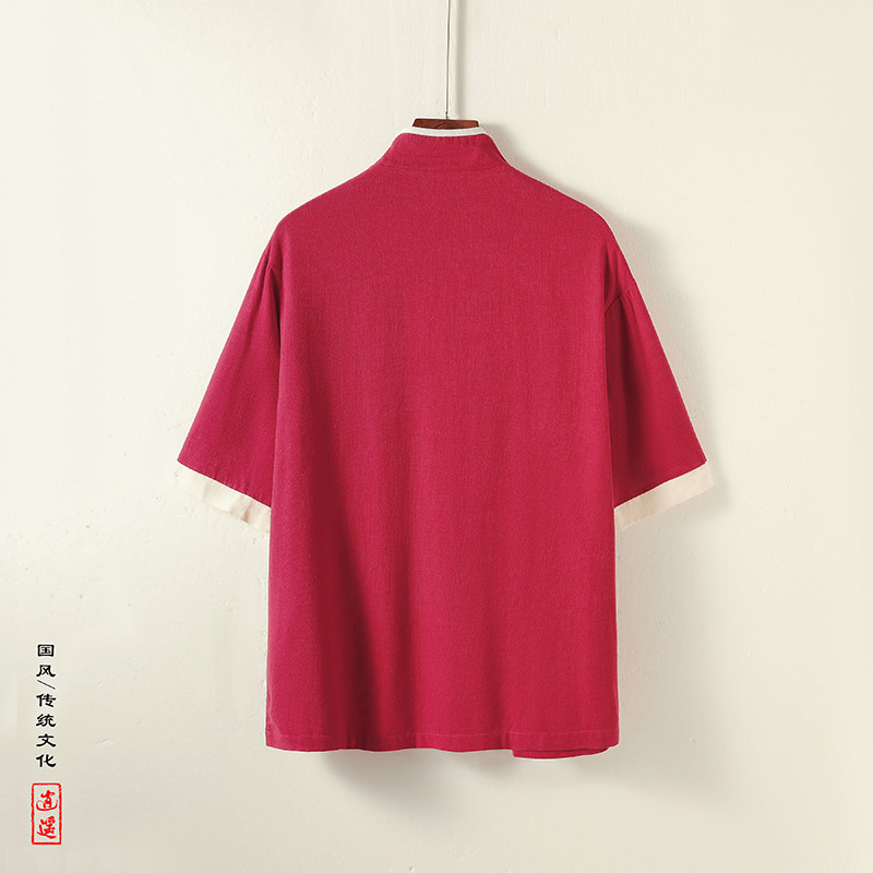 新中式K斜襟盘扣亚麻棉麻中山装立领中袖衬衫外套CS79-P88控108,男装衬衫,电商A005