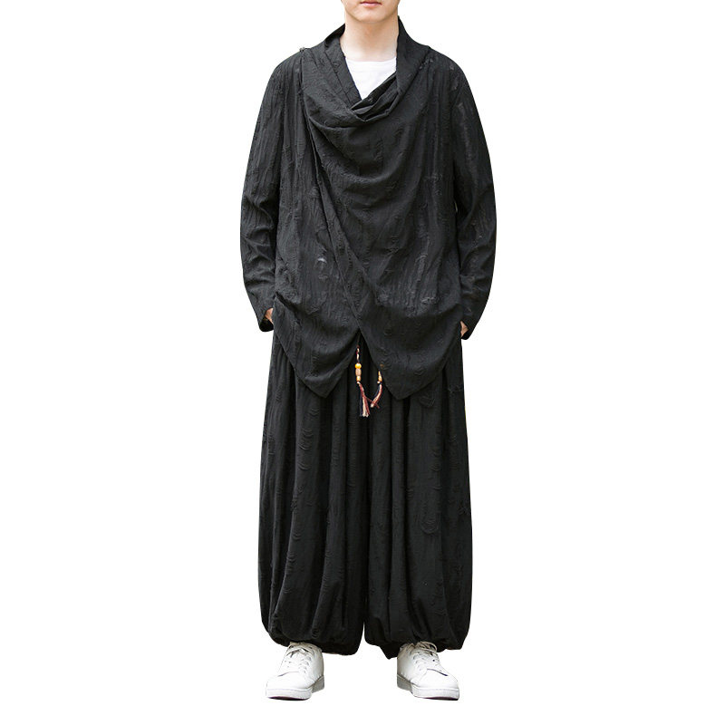 新中式H破洞不规则领堆堆领披风t恤束脚裤套装男TZ31-P143控168,男装T恤,电商A005