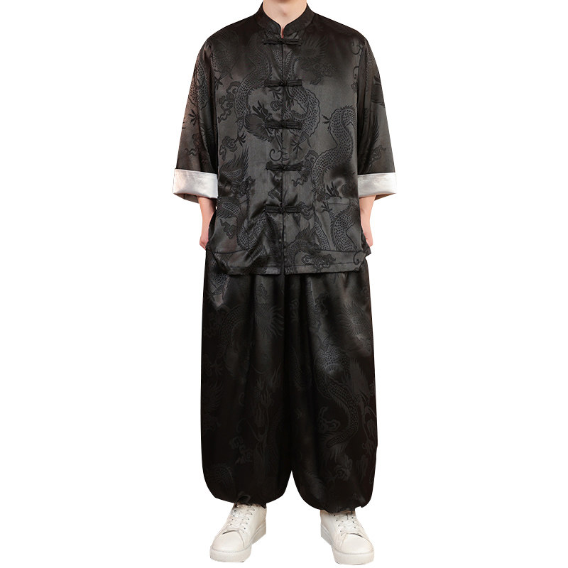 风G盘扣暗花龙纹冰丝衬衫萝卜裤套装男TZ159-P120控148,男装衬衫,电商A005