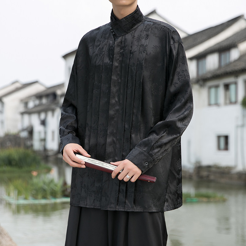 改良中式H缎面提花冰丝长袖珍珠扣立领小众衬衫男CS09-P75控98,男装衬衫,电商A005
