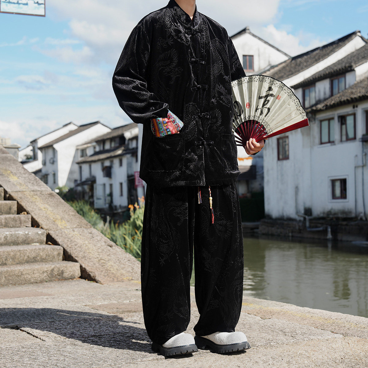 新中式B民族风金丝绒龙纹衬衫夹克外套阔腿裤男TZ173-P143控168,男装休闲套装,电商A005