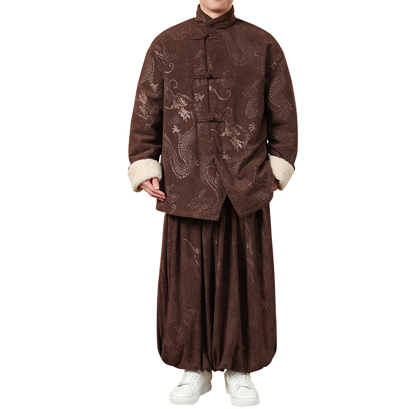 新中式P龙纹灯芯绒羊羔毛夹克棉衣服保暖套装男TZ131-P203控228,男装休闲套装,电商A005