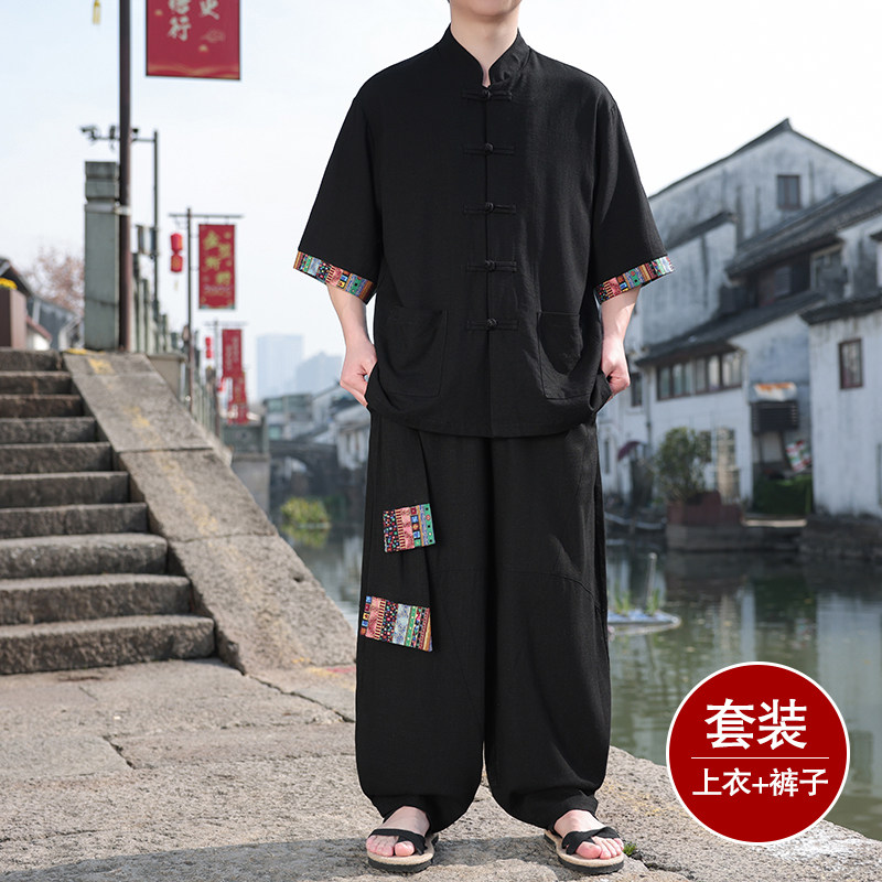 民族风H盘扣亚麻衬衫民族风棉麻阔腿裤套装男TZ163-P163控188,男装衬衫,电商A005