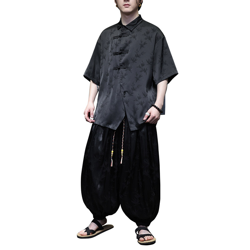 新中式B风暗黑树叶提花冰丝衬衫男萝卜裤套装TZ86-P130控158,男装休闲套装,电商A005