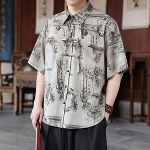 新中式H盘扣短袖衬衫男汉服唐装中山装树叶印花外套CS68-P70控98图片