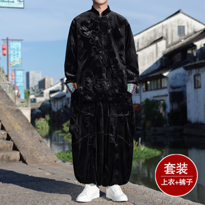 新中式F民族风金丝绒龙纹夹克折褶阔腿裤套装男TZ176-P153控178图片