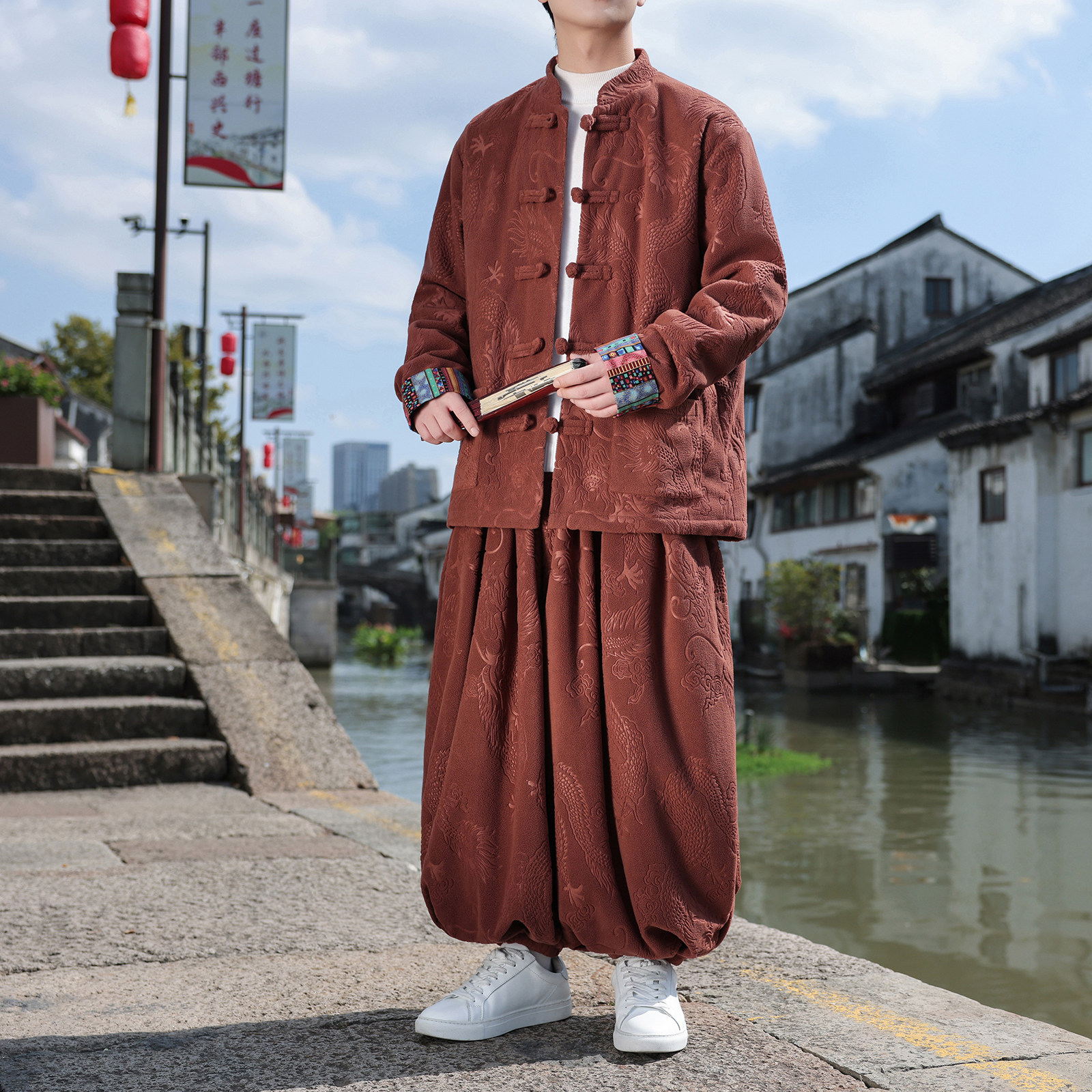 风F奥利绒羊羔毛龙纹暗花夹克阔腿裤套装男TZ185-P156控178,男装T恤,电商A005