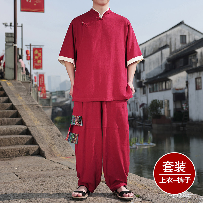 斜襟盘扣D亚麻中袖衬衫民族风演出阔腿裤套装男TZ166-P176控198,男装衬衫,电商A005