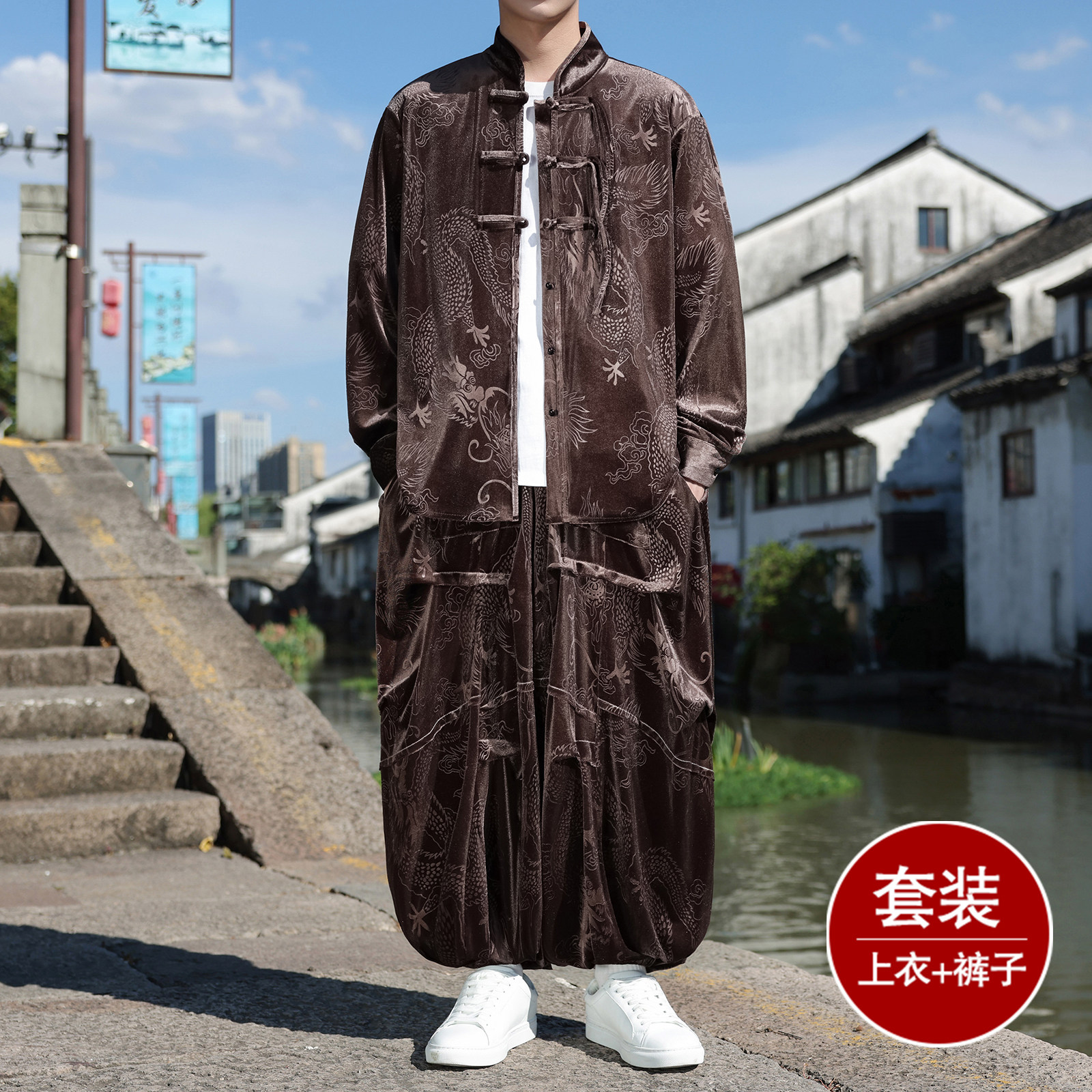 新中式E盘扣龙纹金丝绒衬衫夹克折褶阔腿裤套装男TZ181-P146控168图片
