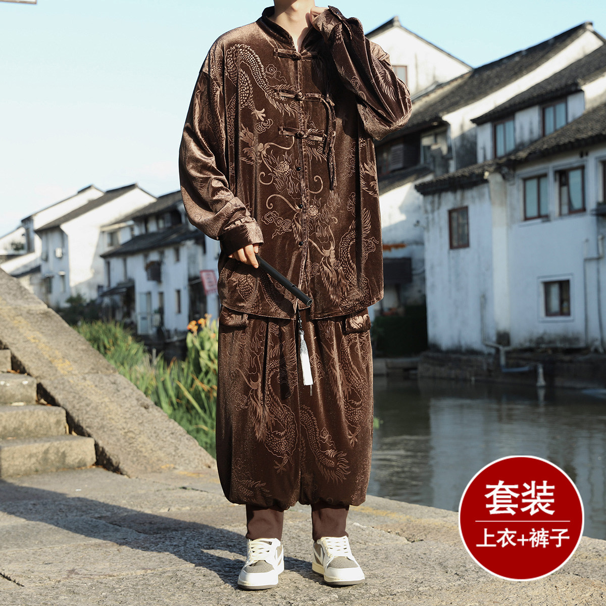 新中式C盘扣龙纹金丝绒外套男哈伦裤飞鼠裤套装男TZ182-P136控158,男装休闲套装,电商A005