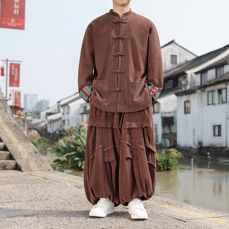 新中式AM民族风盘扣麦穗纹灯芯绒外套阔腿裤套装TZ130-P150控178,男装休闲套装,电商A005