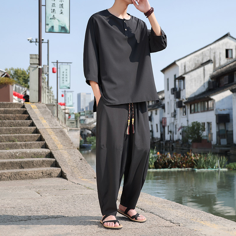 风B纽扣冰丝风古风t恤男T廓形哈伦裤男TZ63-P110控138,男装T恤,电商A005