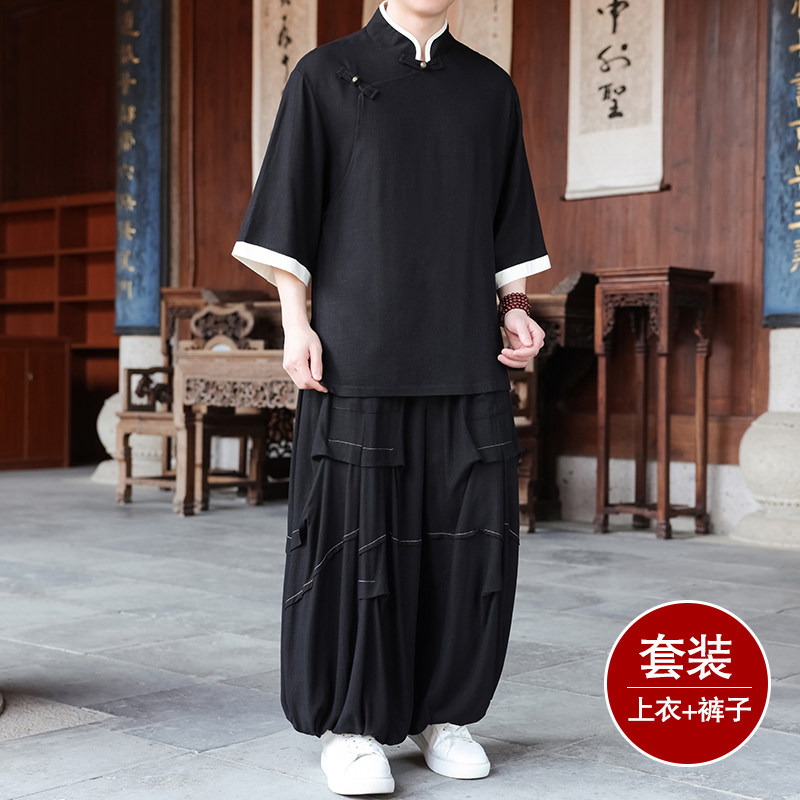 风A斜襟棉麻衬衫中山装外套折褶阔腿裤套装男TZ170-P166控188,男装衬衫,电商A005