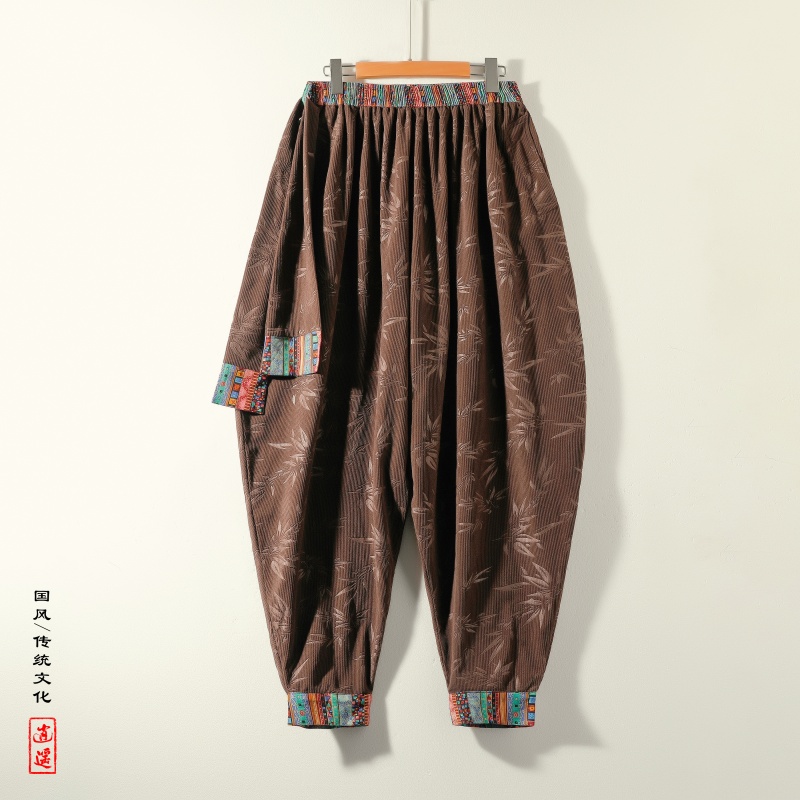 风民族风X复古中式树叶灯芯绒大裤裆舞蹈阔腿裤K200-P68控88，男装民族服装，电商A005