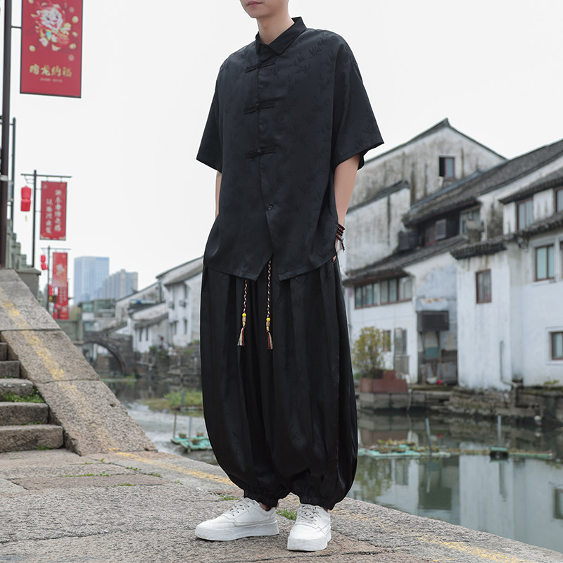 新中式D风暗黑树叶提花冰丝衬衫男萝卜裤套装TZ86-P130控158,男装休闲套装,电商A005