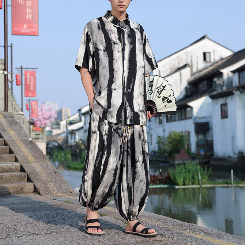 新中式C水墨扎染渐变条纹盘扣冰丝衬衫男小众长裤TZ99-P126控148,男装衬衫,电商A005