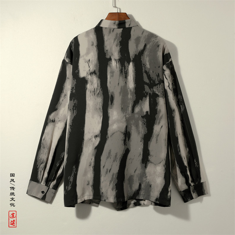 新中式风A冰丝水墨扎染渐变条纹盘扣小众衬衫t恤男CS18-P68控88,男装衬衫,电商A005