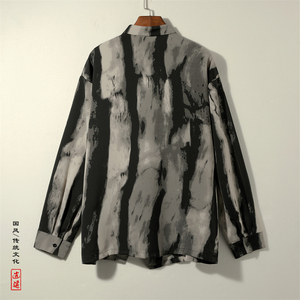 新中式风A冰丝水墨扎染渐变条纹盘扣小众衬衫t恤男CS18-P68控88图片