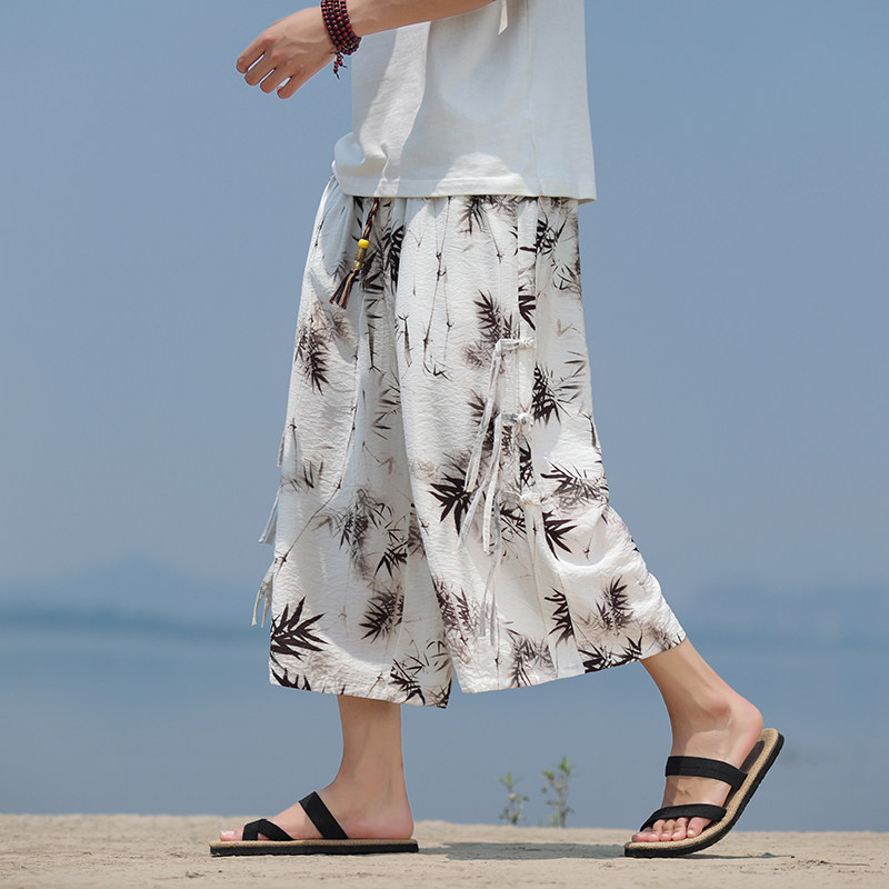 新中式G水墨画竹叶印花冰丝阔腿裤垂感盘扣男七分裤DK192-P68控88图片